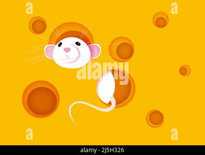 white mouse peeking out of a hole in the cheese Stock Vector