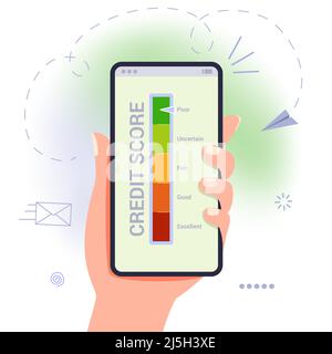 Credit score vector illustration Wealth evaluation Payment history data meter Financial information about the client Hands holding smartphones with cr Stock Vector