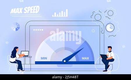 Website loading optimization Page speed and SEO Flat vector concept illustration Website speed Loading time Page optimization Speed test metering dial Stock Vector