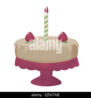 Birthday cake with strawberries, colorful illustration Stock Vector