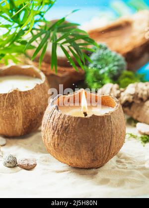 Original decorative handmade natural soy wax candle in a coconut ...