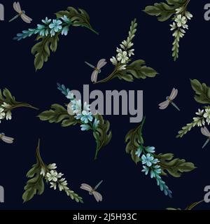 Seamless pattern with wild flowers and bugs. Vector. Stock Vector
