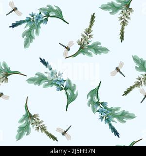 Seamless pattern with wild flowers and bugs. Vector. Stock Vector