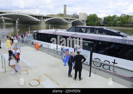 London, UK - September 2021: Uber Boat at Battersea Power Station pier, River Thames Stock Photo
