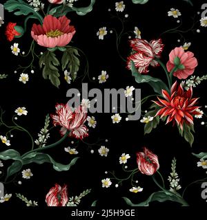 Seamless pattern with vintage flowers such as tulip, poppies and chamomiles. Classical vector wallpaper. Stock Vector