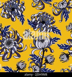 Seamless pattern with blue .chrysanthemums. Vector trendy print. Stock Vector