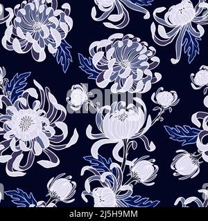 Seamless pattern with blue .chrysanthemums. Vector trendy print. Stock Vector