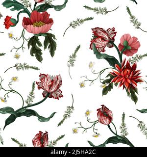Seamless pattern with vintage flowers such as tulip, poppies and chamomiles. Classical vector wallpaper. Stock Vector