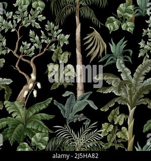 Seamless pattern with vintage trees and palms, plants. Vector Stock Vector