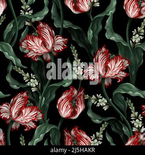 Seamless pattern with vintage tulips. Classic vector wallpaper. Stock Vector