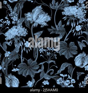 Seamless monochrome pattern with tulips, geraniums and bugs. Vector. Stock Vector