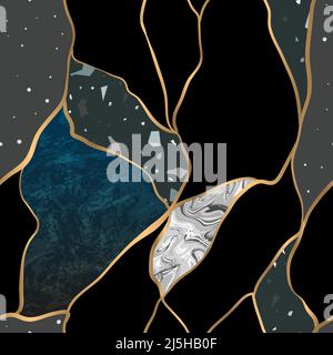 Seamless pattern in kintsugi style. Broken porchelain glued with gold. Stock Vector