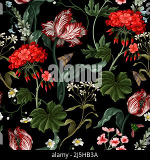 Seamless pattern with tulips, geraniums and bugs. Vector. Stock Vector