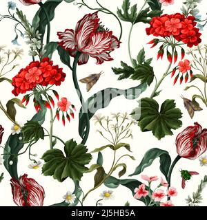 Seamless pattern with tulips, geraniums and bugs. Vector. Stock Vector