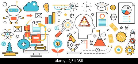 Science research of environment issues. Abstract scientific innovation eco technology, robots and smart equipment for environmental protection in infographic concept banner, thin line art design Stock Vector