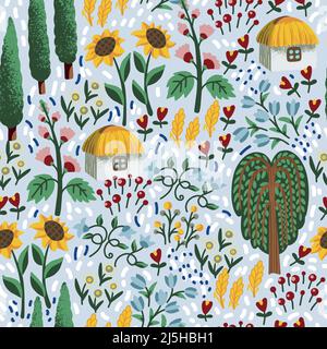 Seamless pattern with Ukrainian house and flowers. Textile vector. Stock Vector