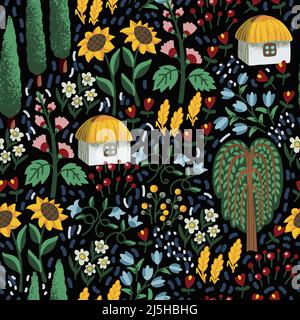 Seamless pattern with Ukrainian house and flowers. Textile vector. Stock Vector