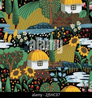 Seamless pattern with Ukrainian landscape, house and flowers. Textile vector. Stock Vector