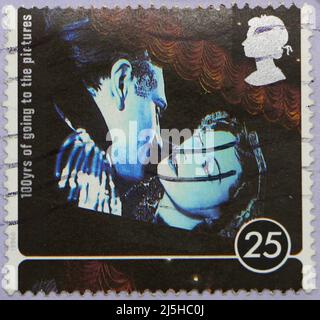 Photo of a British postage stamp commemorating 100 Years of Cinema with an image of Laurence Olivier and Vivien Leigh in the film Lady Hamilton 1996 Stock Photo