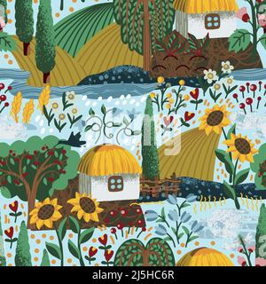 Seamless pattern with Ukrainian landscape, house and flowers. Textile vector. Stock Vector