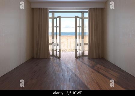 Empty Hotel Room with Sea View. Interior with Beige Curtains, Open Door Overlooking the Beach, Yellow Sand and Clouds. Dark Parquet Floor and Beige Plaster Walls. 3d rendering, 8K Ultra HD, 7680x5121 Stock Photo