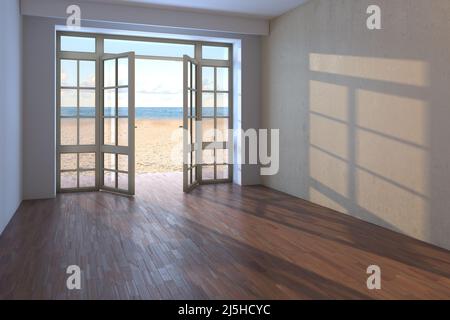 Empty Interior with Sea View. Unfurnished Hotel with Open Doors Overlooking the Ocean, Yellow Sand and Clouds. Dark Parquet Floor and a Beige Plaster Wall. 3d illustration, 8K Ultra HD, 7680x5121 Stock Photo