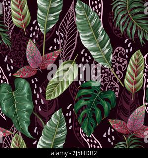 Seamless pattern with tropical leaves and graphic leaf. Vector. Stock Vector