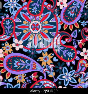 Seamless pattern with flowers and paisley in hippie style. Vector. Stock Vector