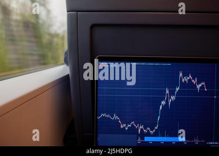 Defocus focus, open laptop or notebook, working as trader or stock trading on the train during commute. Graph on laptop in the train. Stock Photo