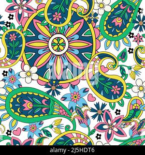 Seamless pattern with flowers and paisley in hippie style. Vector. Stock Vector
