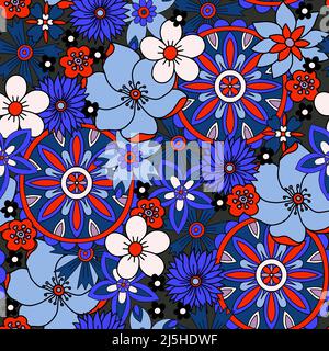 Seamless pattern with flowers in hippie style. Vector. Stock Vector