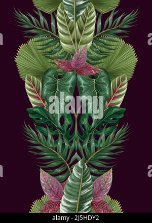 Border with tropical leaves such as monstera, palm leaf and other. Vector. Stock Vector