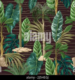 Textile seamless pattern with tropical leaves and trees. Vector. Stock Vector