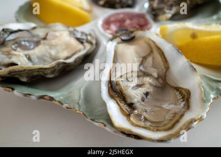 Selective focus view at fresh oysters with sliced of lemon on side, on white table. Stock Photo