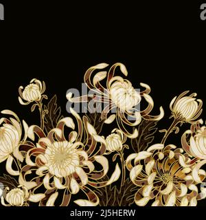 Seamless border with gold .chrysanthemums. Vector trendy print. Stock Vector