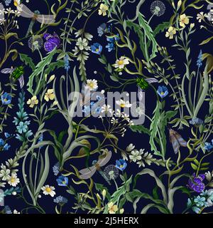 Seamless pattern with wild flowers and bugs. Vector. Stock Vector