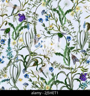 Seamless pattern with wild flowers and bugs. Vector. Stock Vector