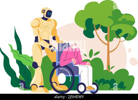 Automated care for senior people, robot helper Stock Vector