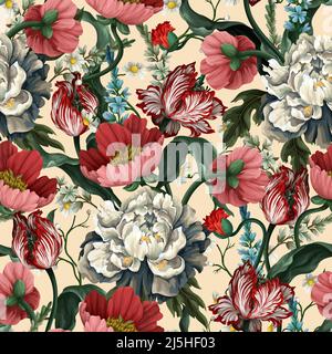 Seamless pattern with vintage tulips and peonies. Classic vector wallpaper. Stock Vector