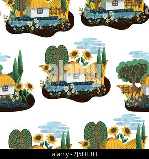 Seamless pattern with Ukrainian landscape, house and flowers. Textile vector. Stock Vector