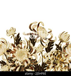Seamless border with gold .chrysanthemums. Vector trendy print. Stock Vector