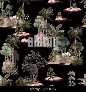 Seamless pattern with vintage trees and palms, plants. Vector. Stock Vector