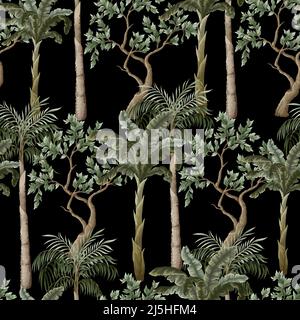 Seamless pattern with vintage trees and palms, plants. Vector. Stock Vector