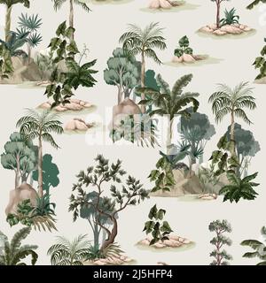 Seamless pattern with vintage trees and palms, plants. Vector. Stock Vector