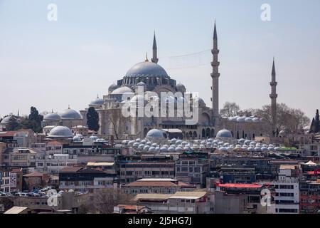 High angle view of Suleymaniye Mosque over the roofs of Eminonu located on the historical peninsula, the Third Hill of Istanbul, Turkey. Stock Photo