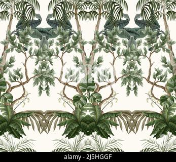 Seamless pattern with vintage trees and palms, plants. Vector. Stock Vector