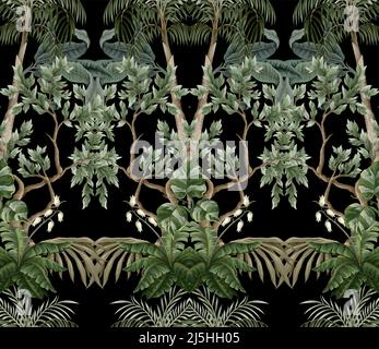 Seamless pattern with vintage trees and palms, plants. Vector. Stock Vector