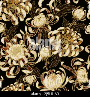 Seamless pattern with gold .chrysanthemums. Vector trendy print. Stock Vector