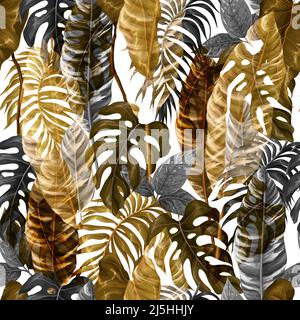 Seamless border with gold tropical leaves, interior wallpaper. Vector Stock Vector