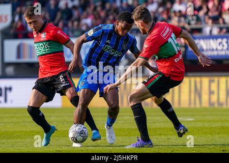 NIJMEGEN, NETHERLANDS - APRIL 23: Mikkel Duelund of N.E.C., Lasse Schone of  N.E.C., Press Officer Nick van der Cammen of N.E.C. during the Dutch  Eredivisie match between NEC Nijmegen and Ajax at